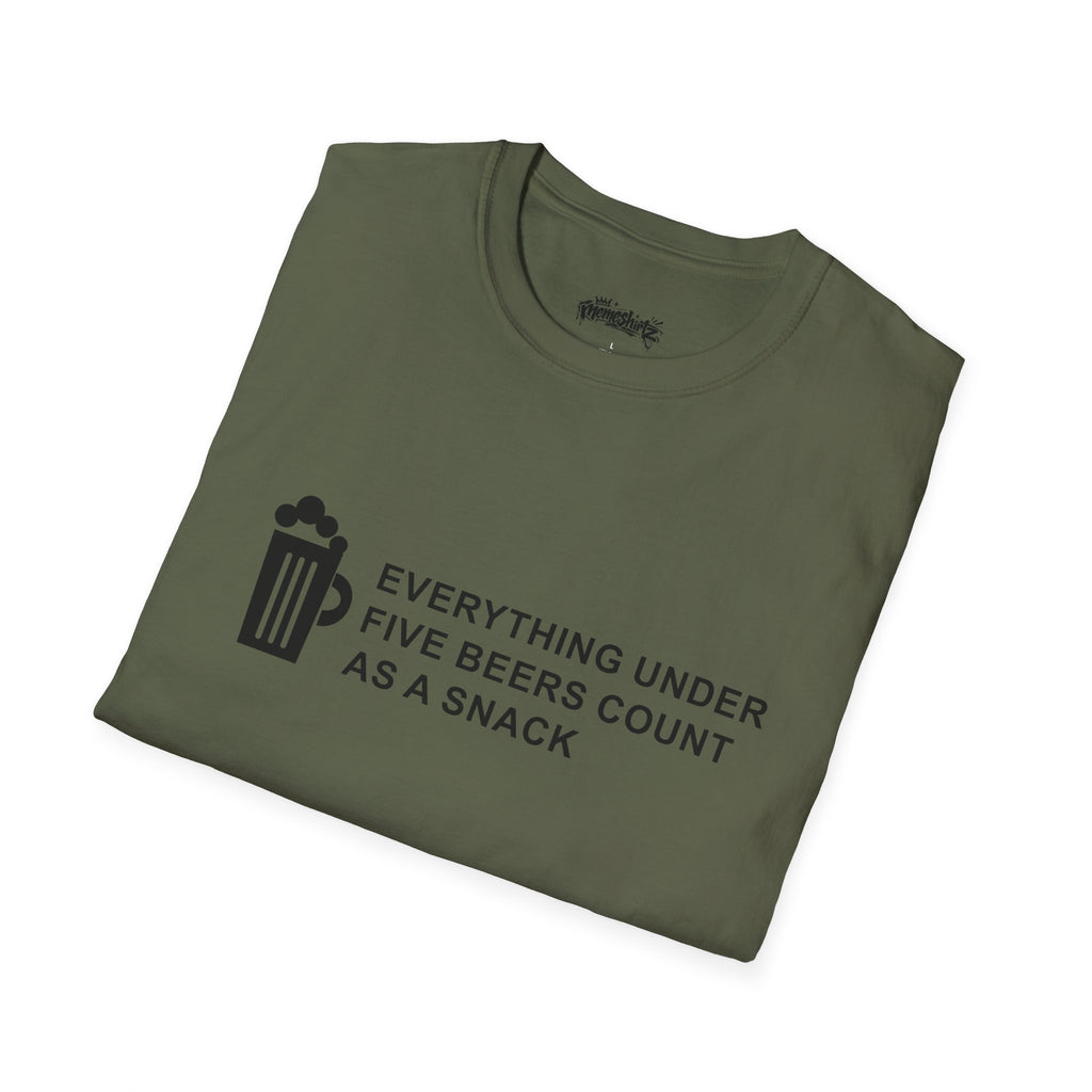 Beer Snack T-Shirt — "Everything Under Five Beers Count As A Snack" Graphic Tee