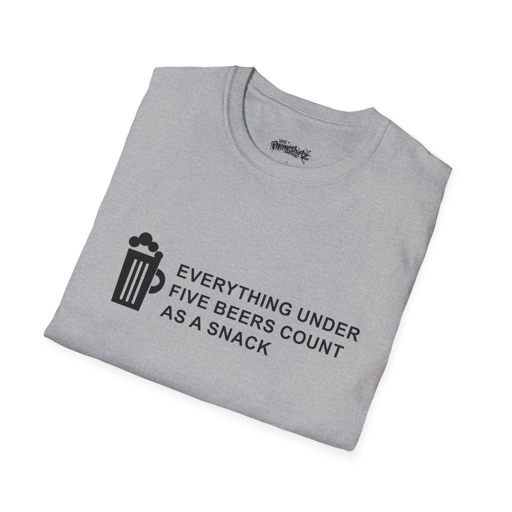 Beer Snack T-Shirt — "Everything Under Five Beers Count As A Snack" Graphic Tee