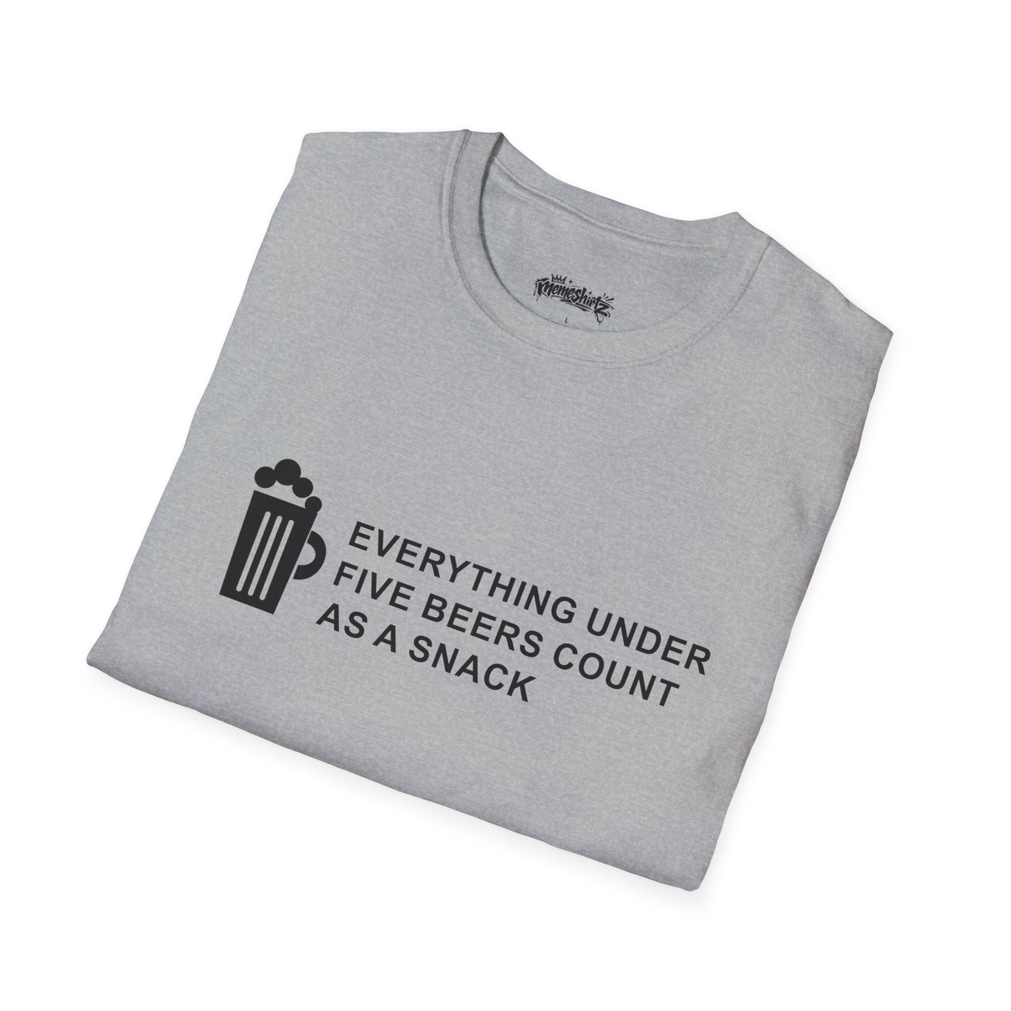 Beer Snack T-Shirt — "Everything Under Five Beers Count As A Snack" Graphic Tee
